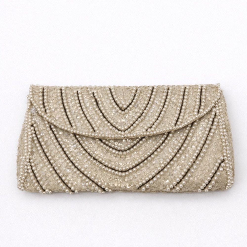 Bonsoir Vintage Beaded Clutch Bag Evening Bag Satin Glam Bridal